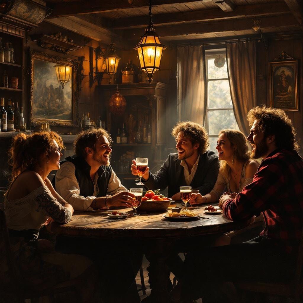 Nostalgic Tavern Scene in Oil Realism