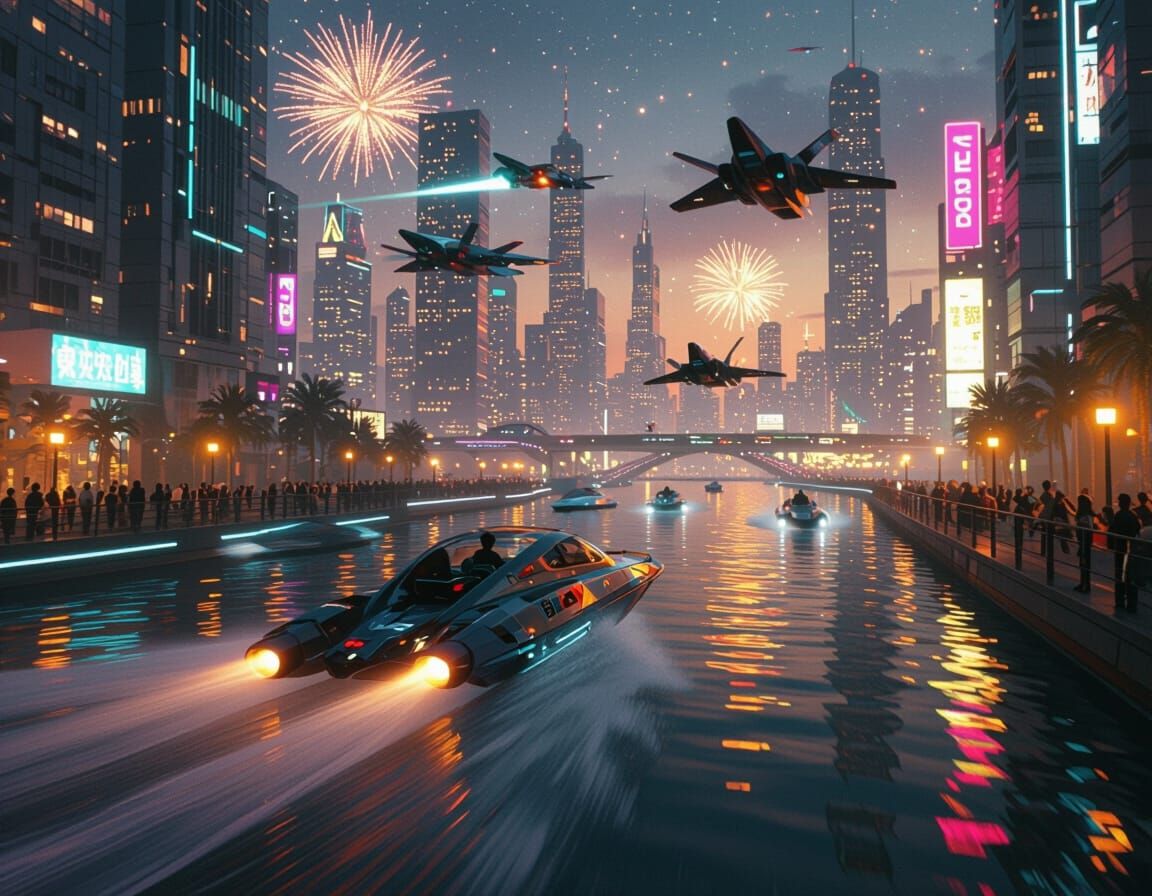 Cyberpunk Speedboat Race Through Futuristic City at Night