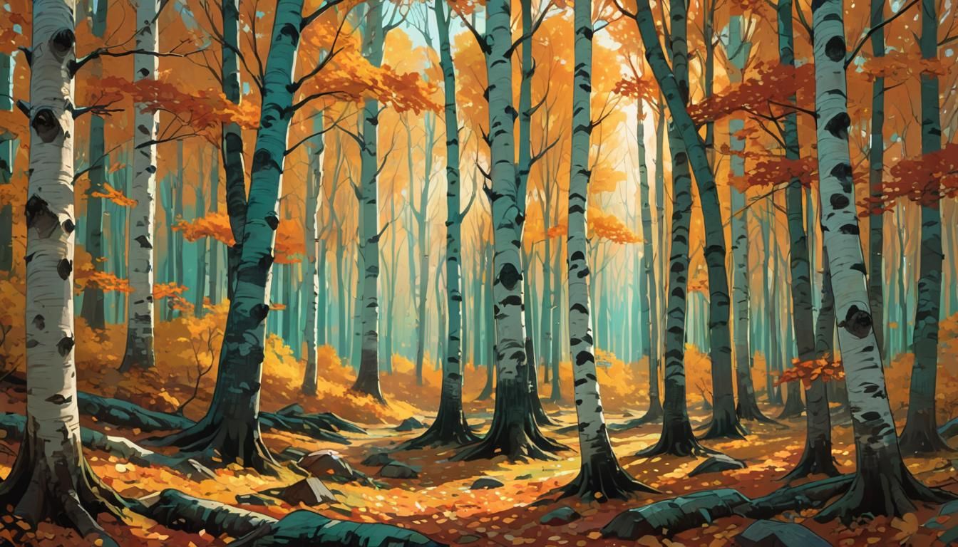 Autumn Birch Forest Concept Art in Mucha Style