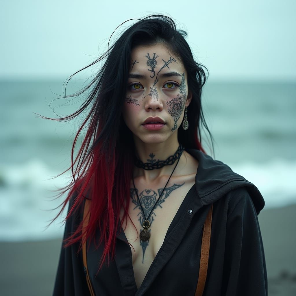 Shaman Woman on Windswept Beach in Dark Fantasy Style