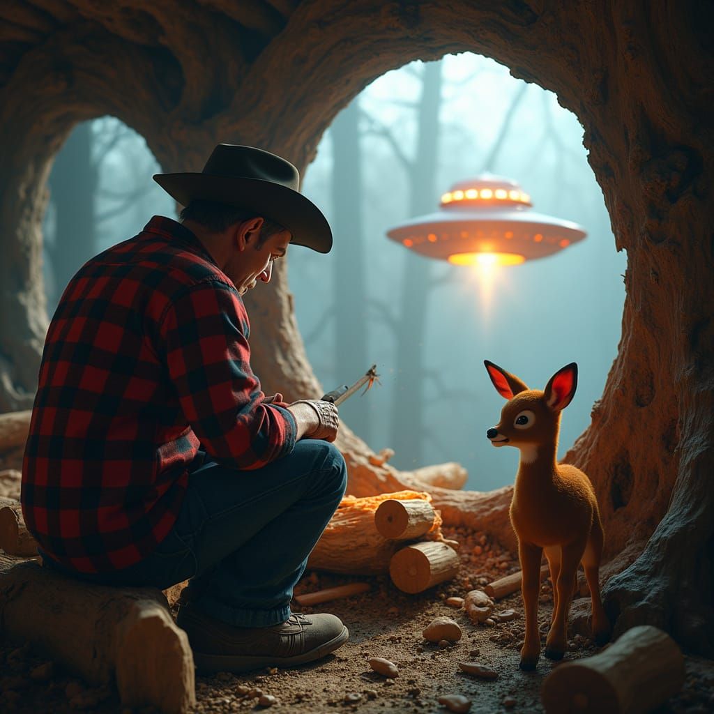 Woodcarver, Bambi, and UFO in Whimsical Realism