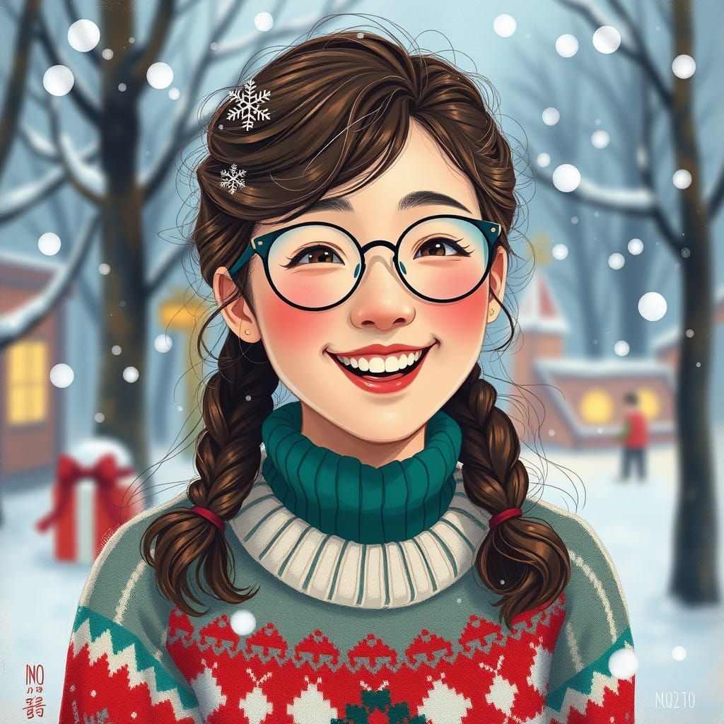 Cheerful Japanese Woman in Festive Holiday Setting