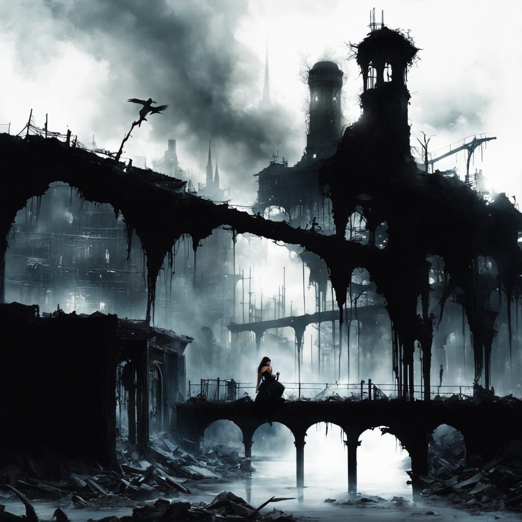 Goth Fashion Model in Post-Apocalyptic Ruins