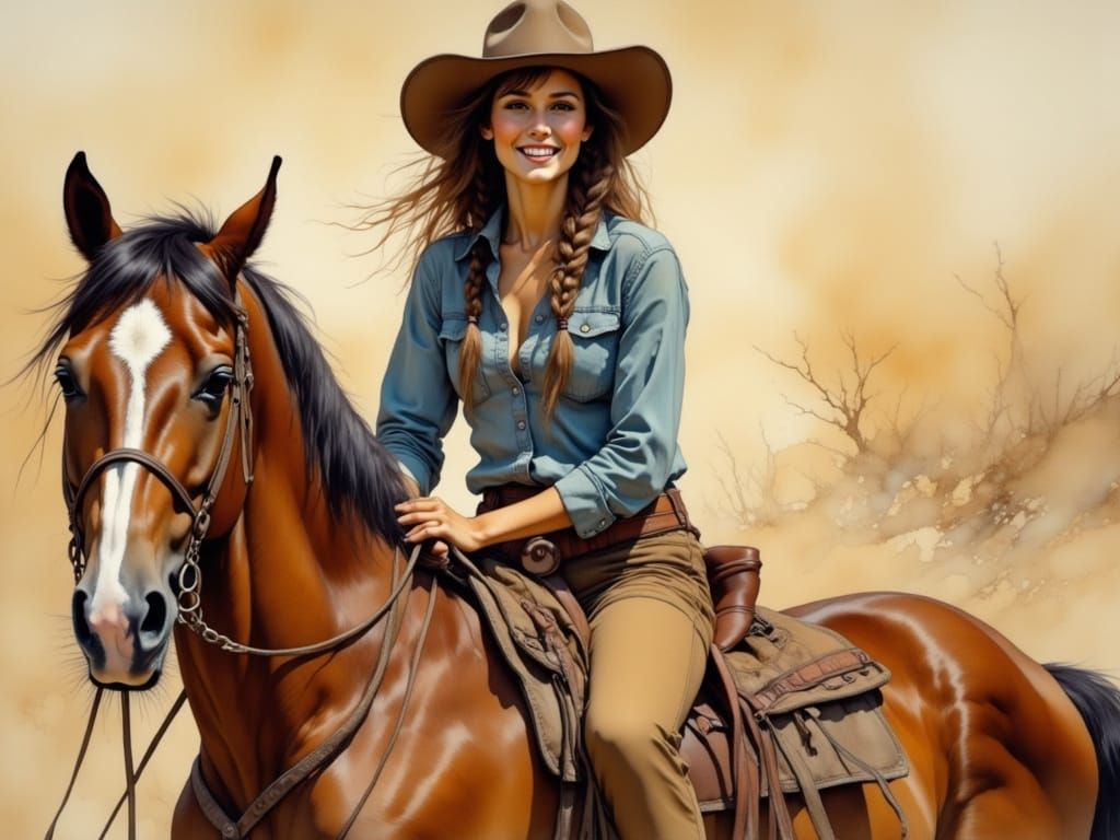 <lora:Flux - Painterly:1.0> A stunning cowgirl, dressed in w...
