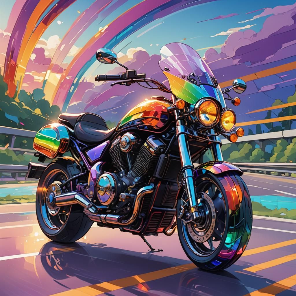 Rainbow Glass Motorbike Speeding Down Highway in Cartoon Sty...