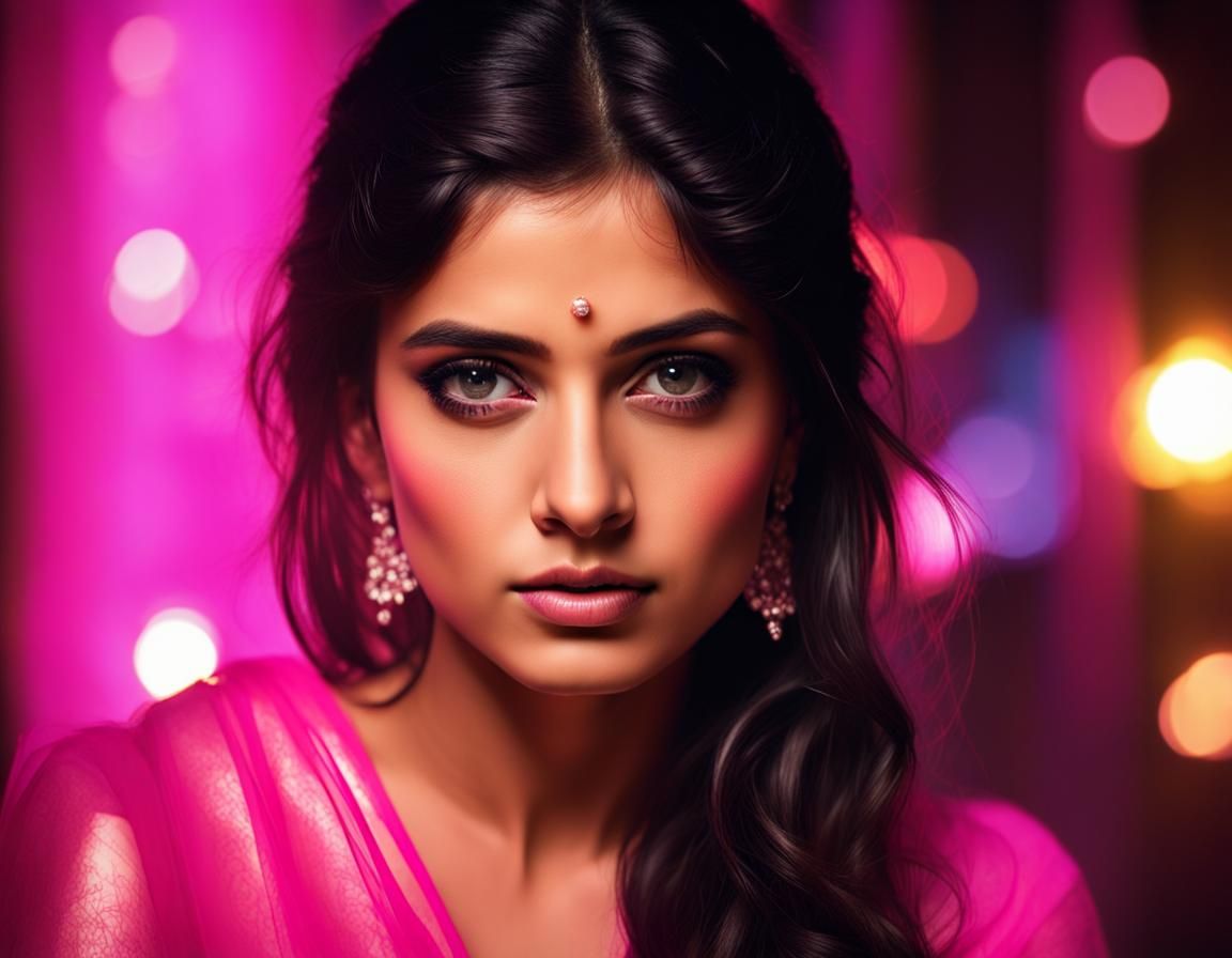 Indian Woman in Neon-Lit Bedroom