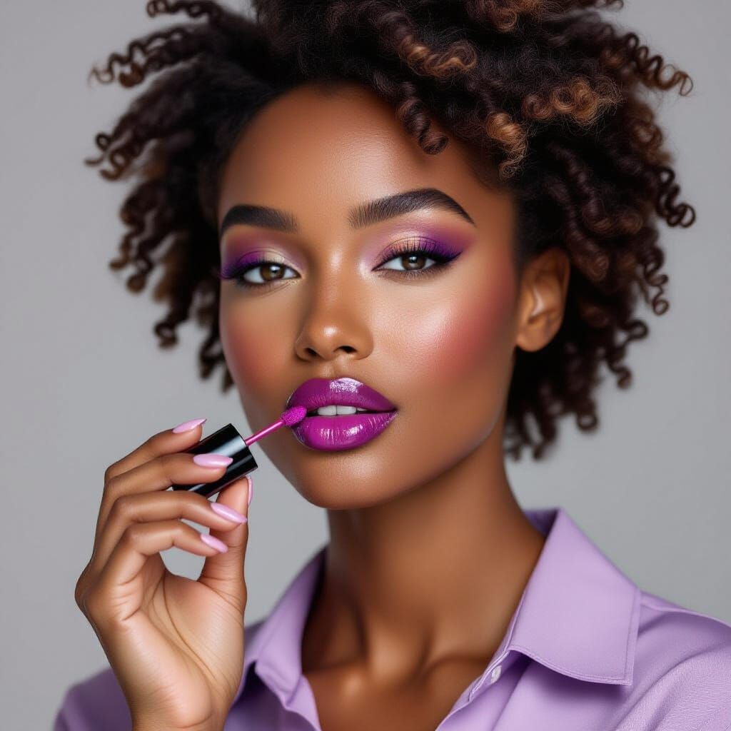 Woman Applying Purple Lip Gloss in Studio