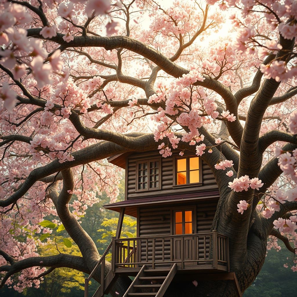 Birchwood Treehouse Amidst Japanese Cherry Blossoms in Seren...