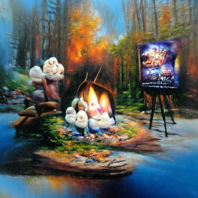 Bonfire in Forest, Thomas Kinkade Style