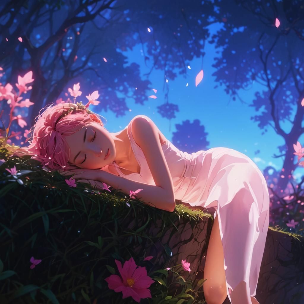 girl sleeping on grass surrounded by flowers; ; intricate thorns, petals, leaves, roots, pink overgrowth; blue cloudy sk...
