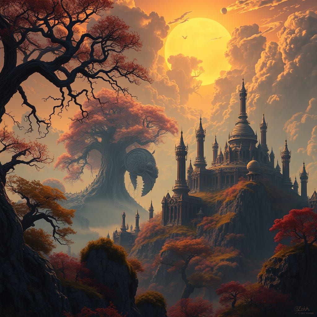 Mystical Fantasy Landscape in Golden Light