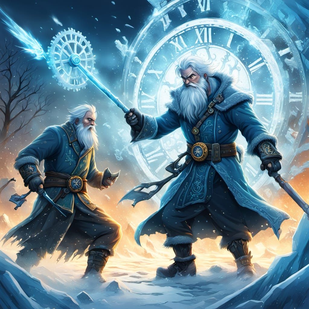 Epic Clash of Father Time and Jack Frost in Vibrant Comic Bo...