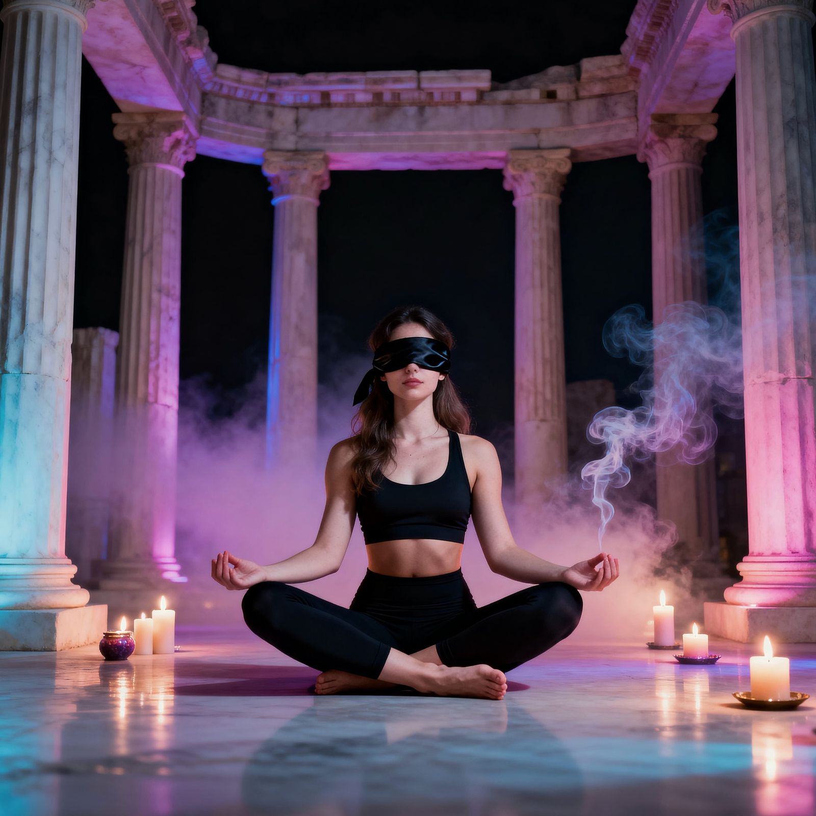 Woman Meditating in Pastel Lit Temple, Finding Inner Peace