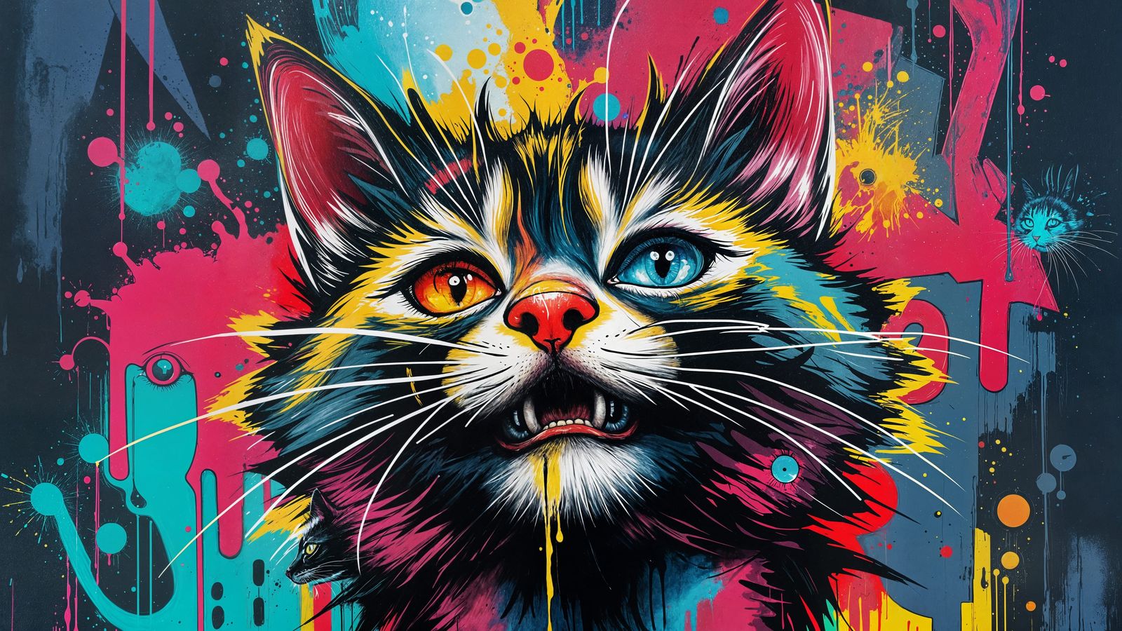 Colorful Graffiti Cat with Flares in Street Art Style