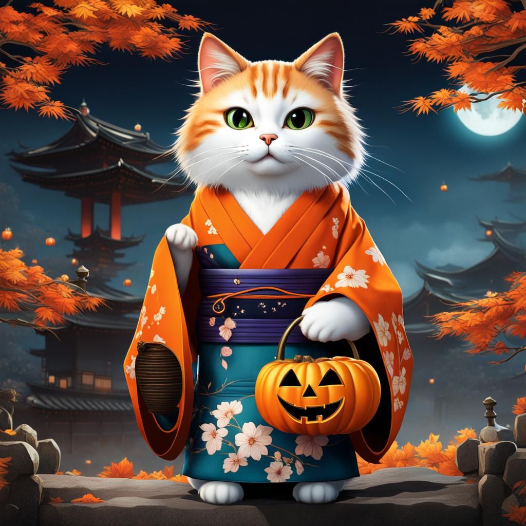 Cat in Kimono with Pumpkin Basket, Ukiyo-e Style