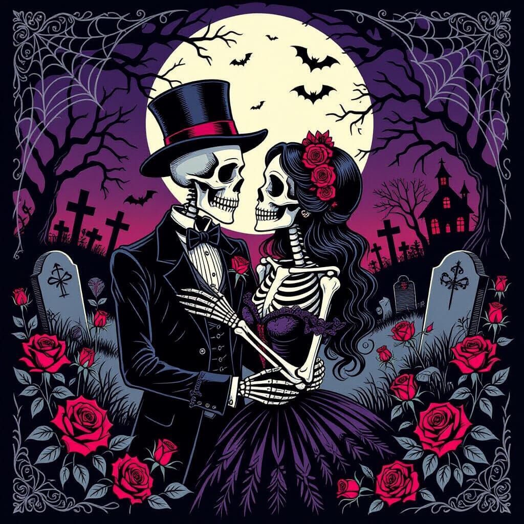Gothic Skeleton Couple in Moonlit Graveyard Valentine