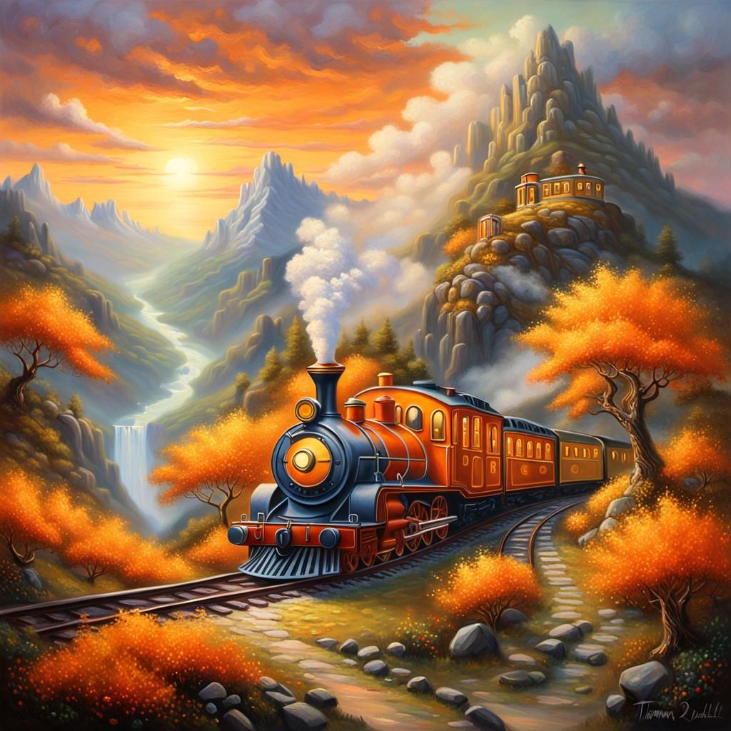 Surreal Steam Train in Dreamy Oil Painting