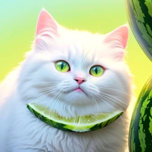 Cute Fluffy White Cat Peeking From Inside a Watermelon