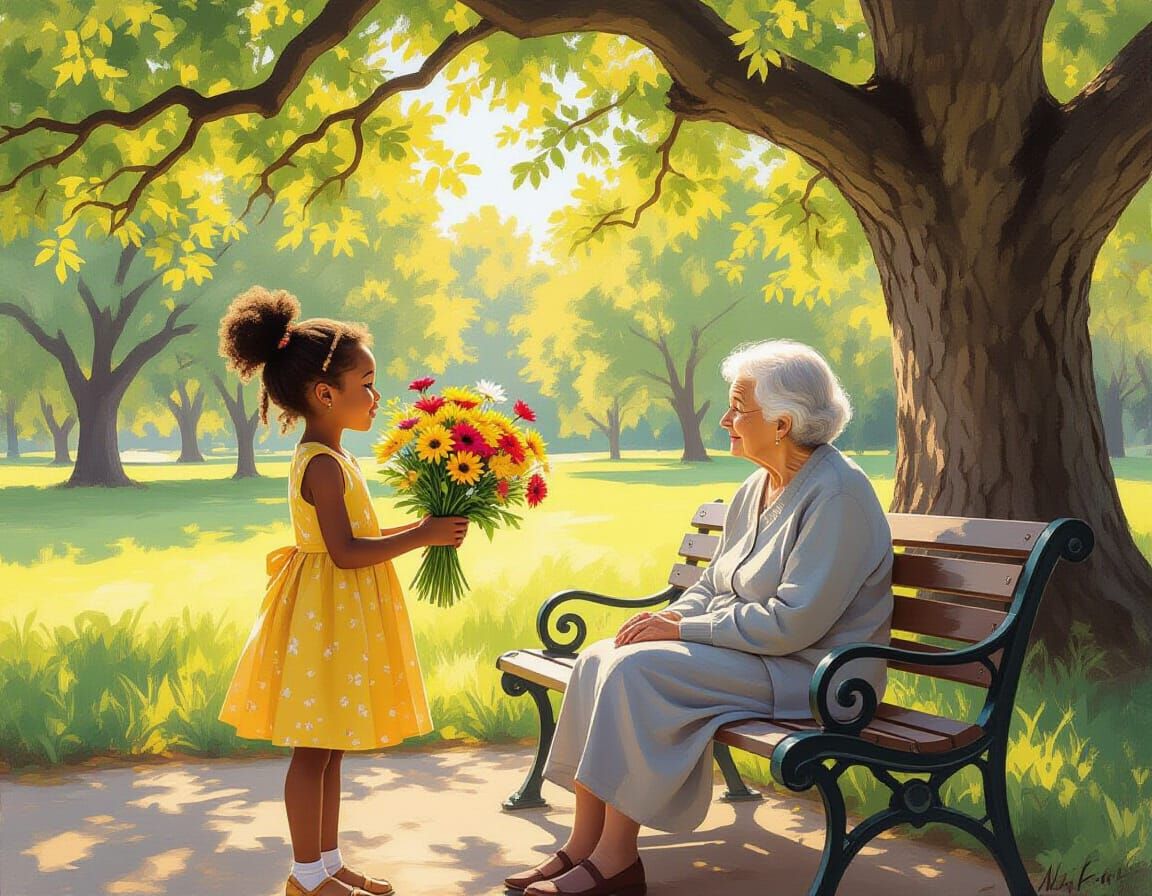 Young Girl Gifts Flowers to Elderly Woman in Impressionist P...