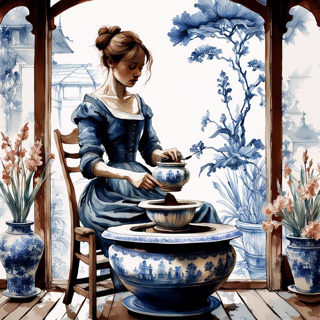 Girl Making Clay Pot in Watercolor Style