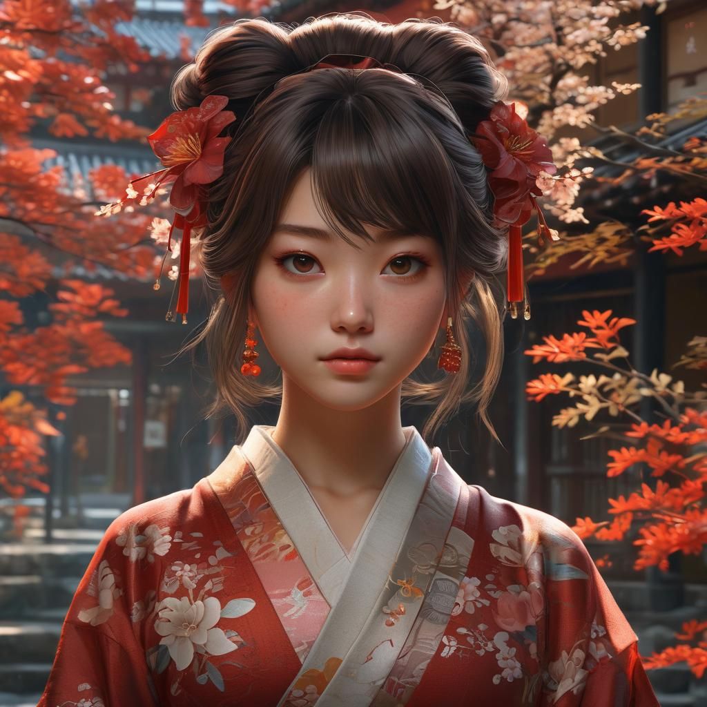 Young Japanese Woman in Red Kimono: Hyperdetailed Portrait