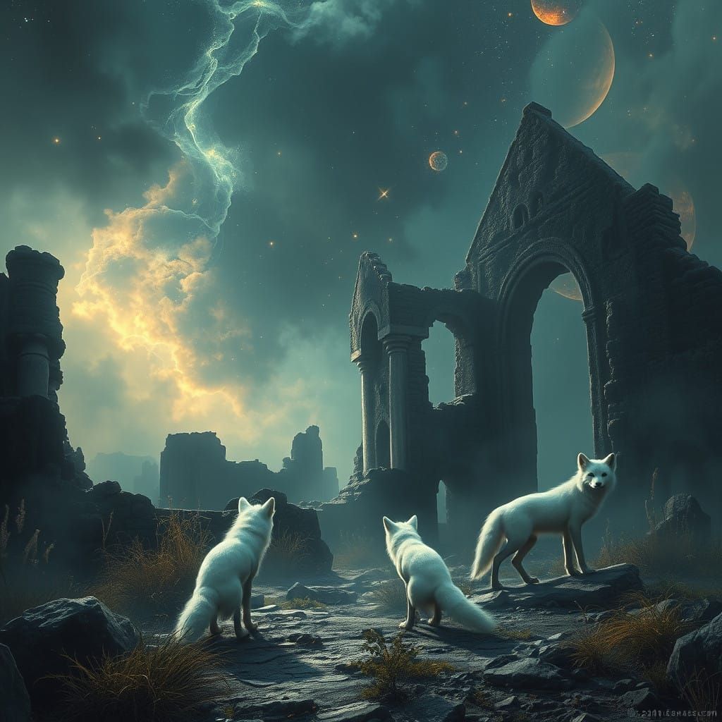 Ethereal White Foxes Amidst Ancient Ruins in Hyperdetailed D...