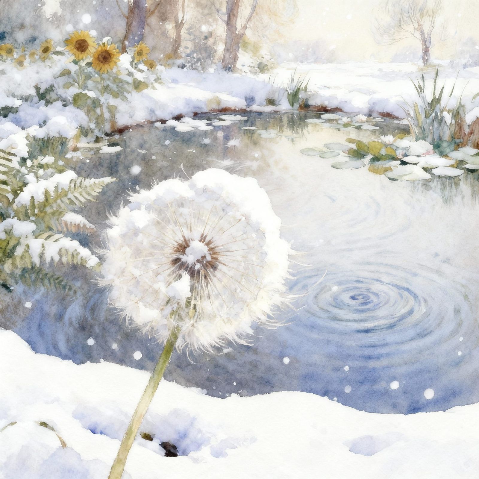 Dandelion Fluff Over Serene Lily Pond Watercolor