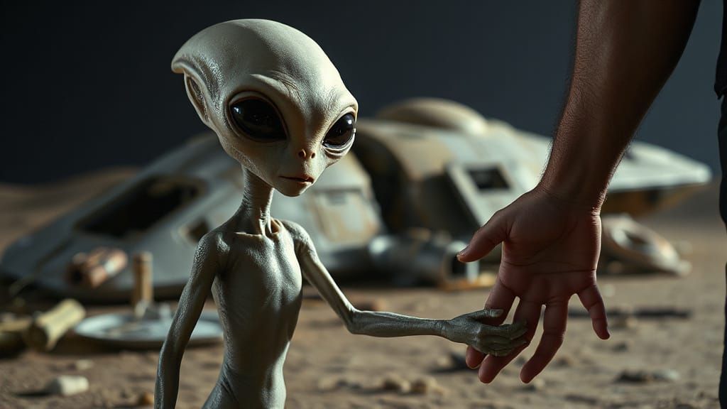 Grey Alien and Human Beside Spaceship in Cinematic Style