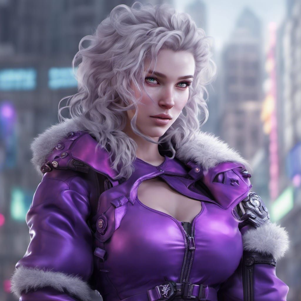 Detailed Muscular Woman in Cityscape with Purple Eyes
