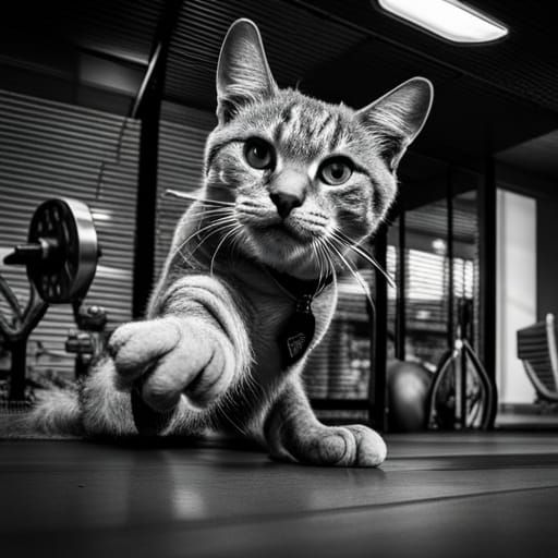 Hyperrealistic Gym Cat with Intricate Detail