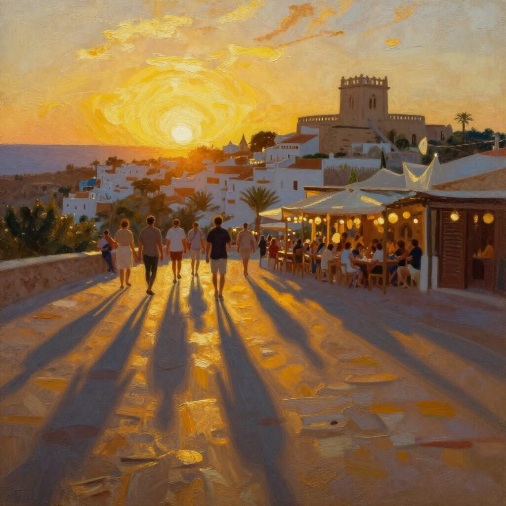 Ibiza Dusk Oil Painting with Dramatic Shadows