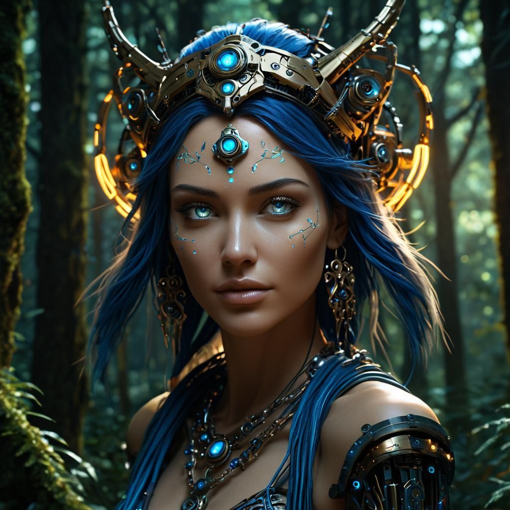 Cyborg Druid Priestess in Enchanted Forest Portrait