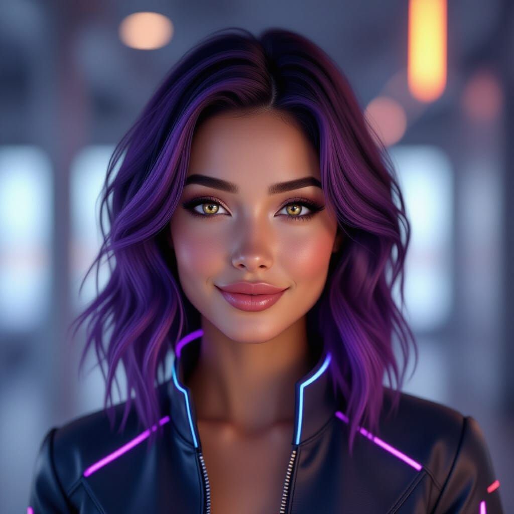 Futuristic Woman with Purple Hair in Cinematic Portrait