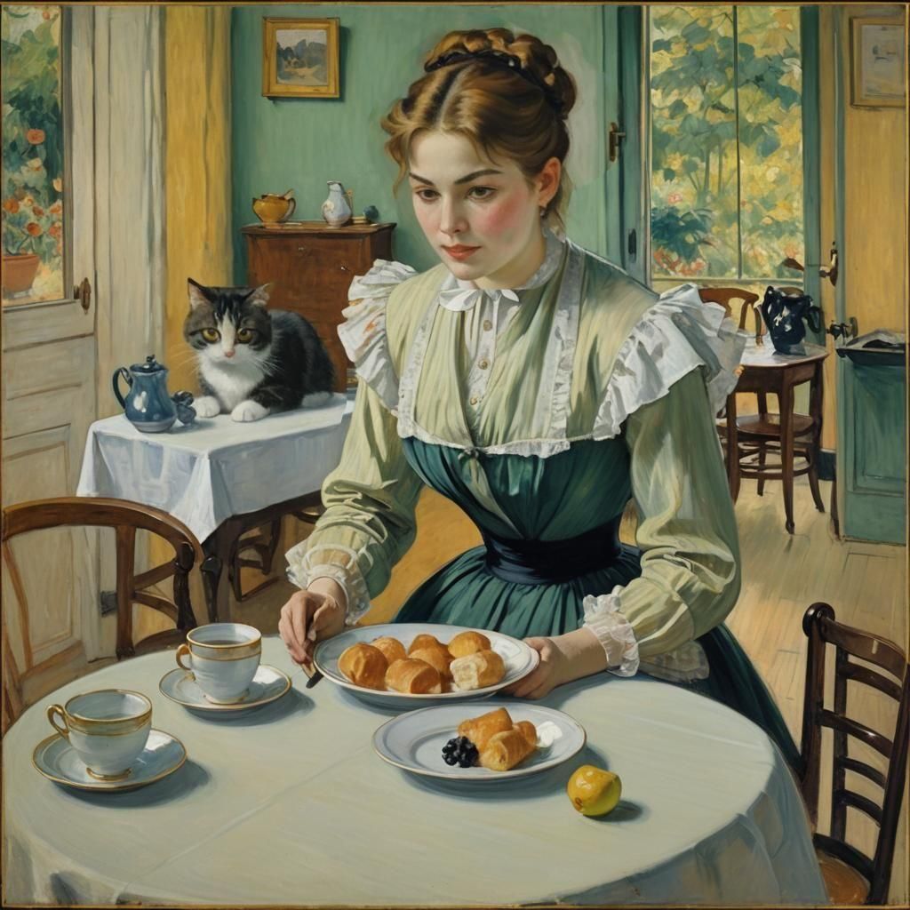 Woman and Cat Enjoying Morning Coffee in Kitchen