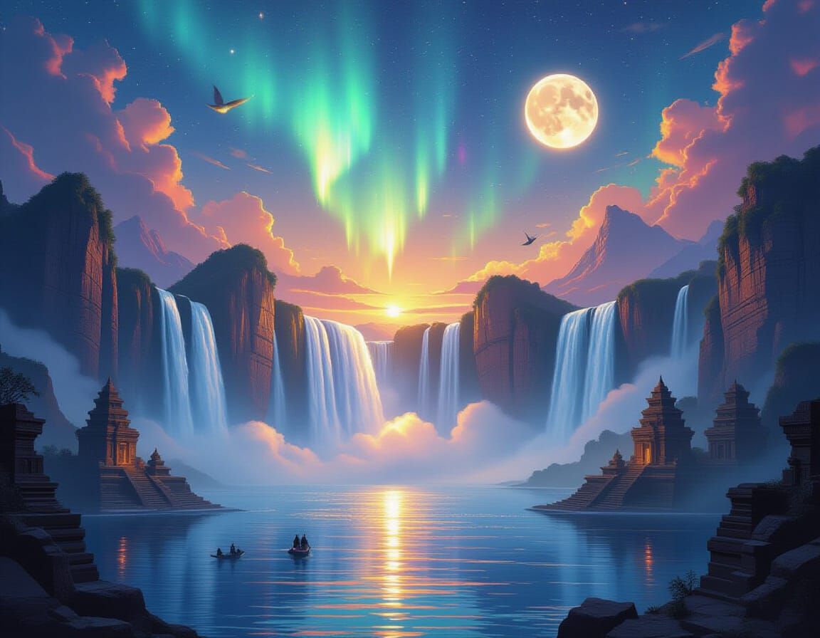 Crystal Waterfall Cascading into Glowing Lake