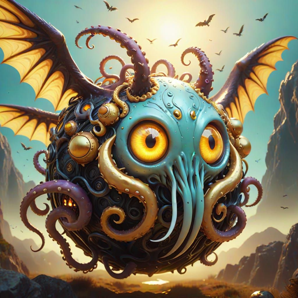 Surreal Sphere Creature Chasing Goats in Dreamscape