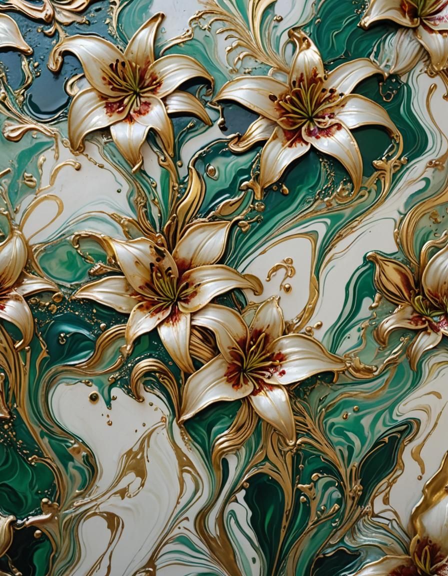 Gilded Lilies in Marbled Acrylic Pouring Style