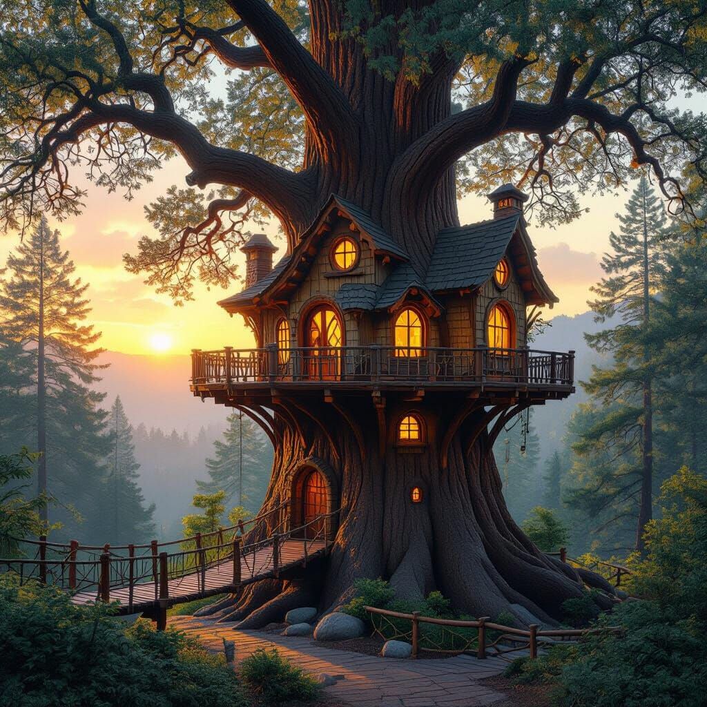 Sequoia Treehouse Village at Sunset in Hyperrealism Style