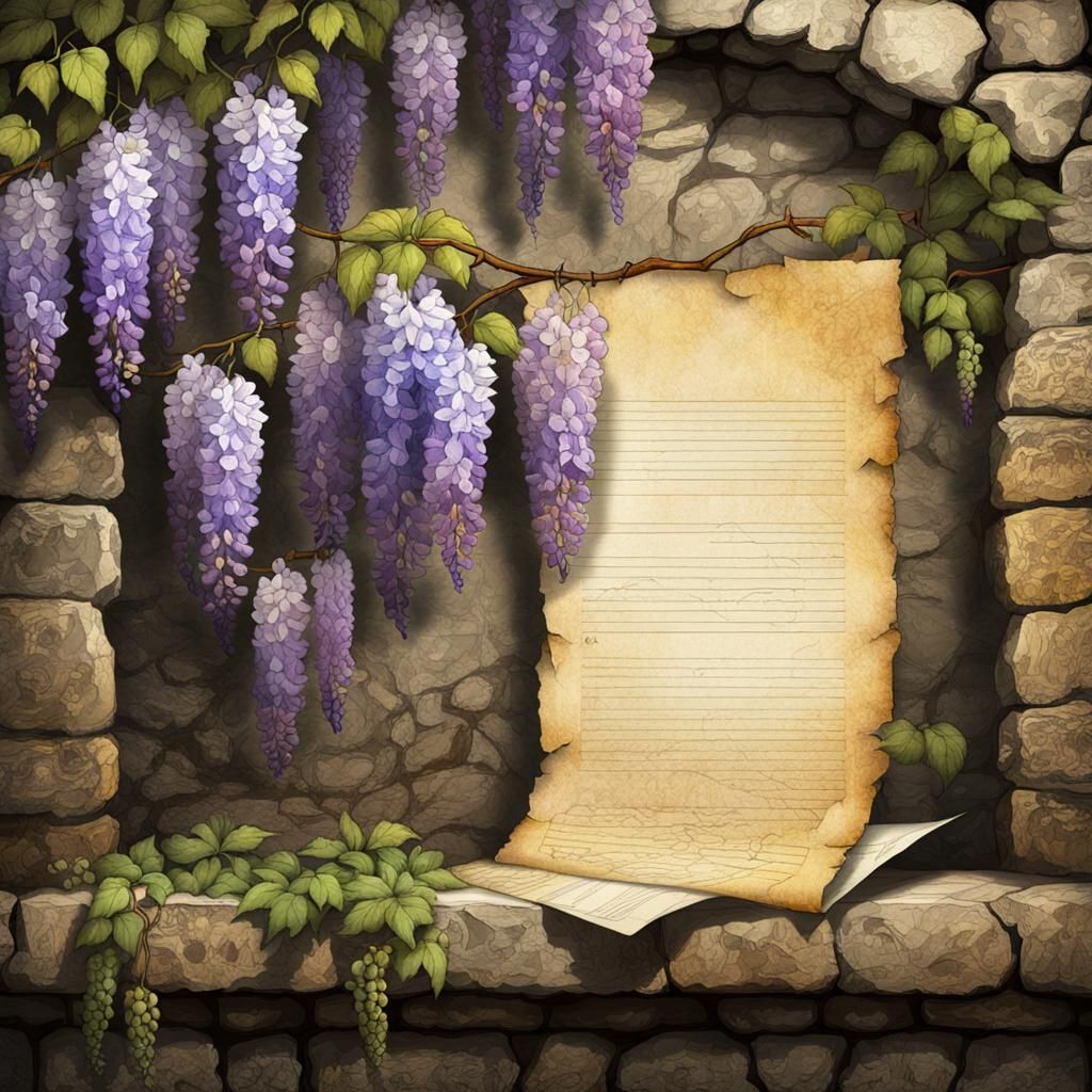 Wisteria Against Stone Wall in Watercolor Style