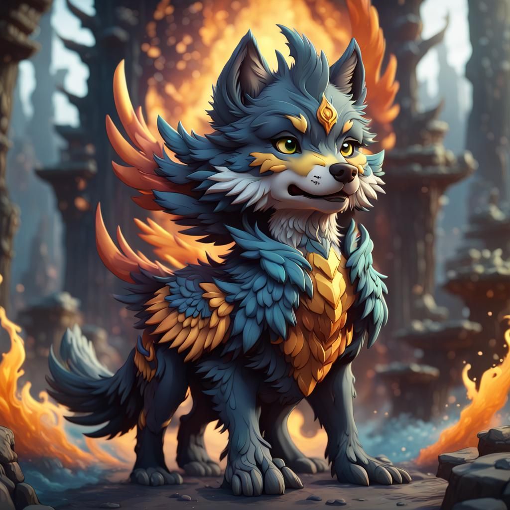 Chibi Wolf Phoenix Fantasy Concept Art