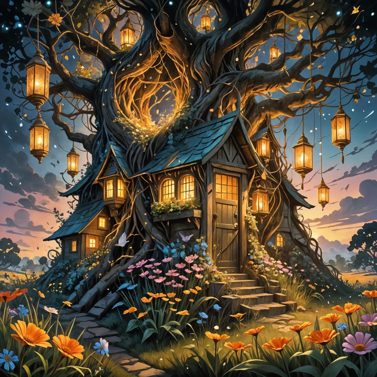 Magical Enchanted Portal in Flower Field at Sunset