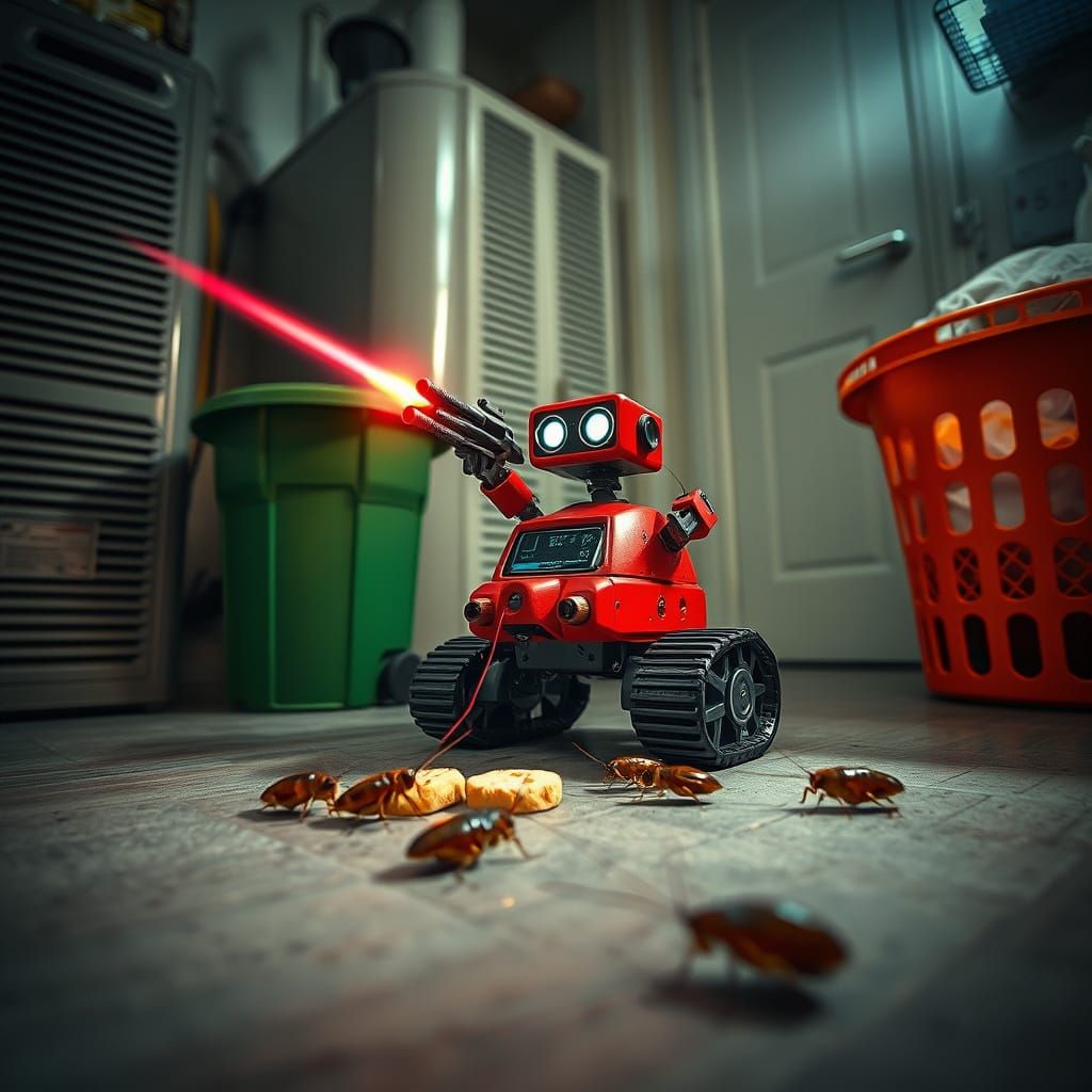 Laser Robot Cockroach Battle in Utility Room