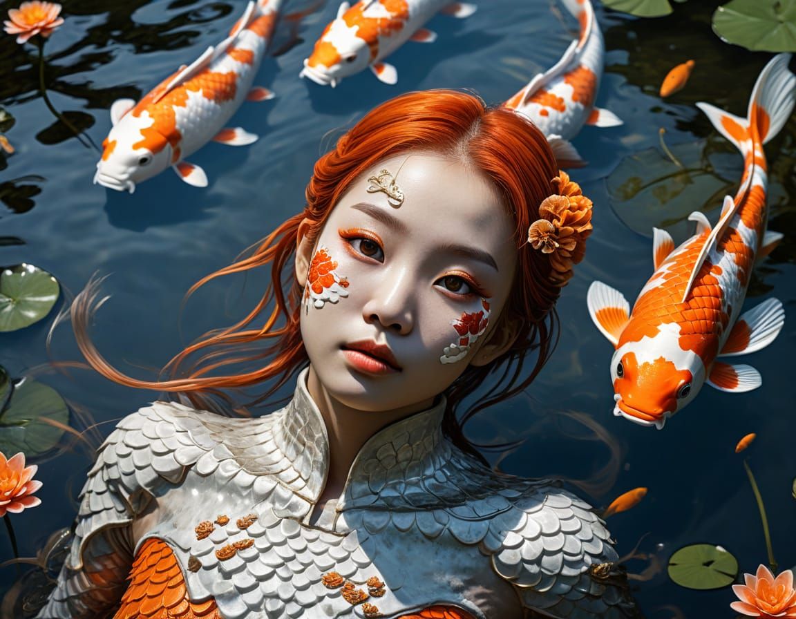 Surreal Asian Fantasy Koi Goddess in Orange and White Splend...