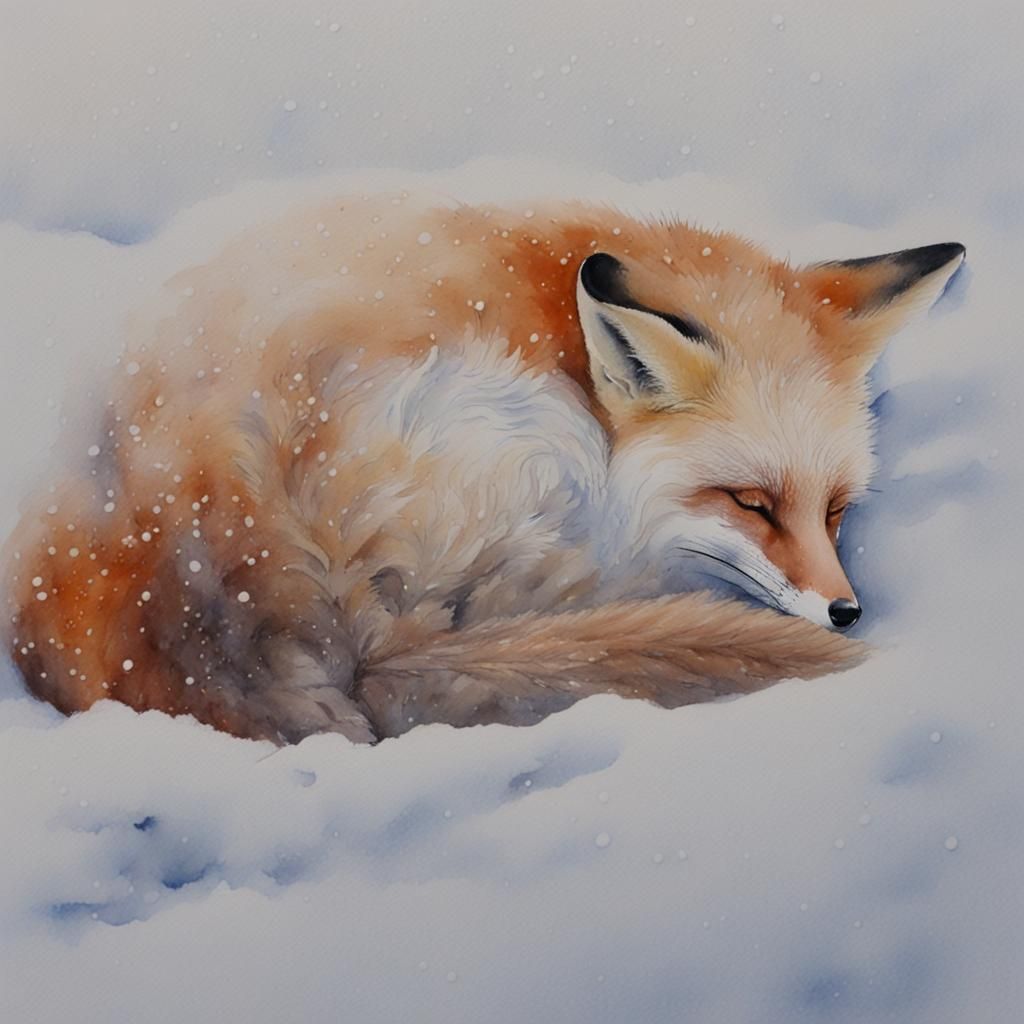 A fox sleeping in snow, watercolour, wet brush