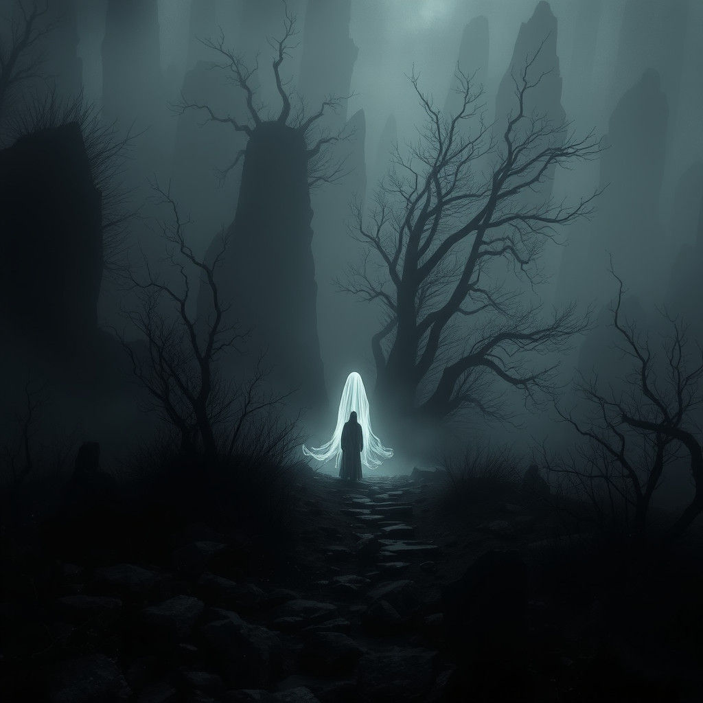 Ethereal Ghost in Black and White Dreamscape