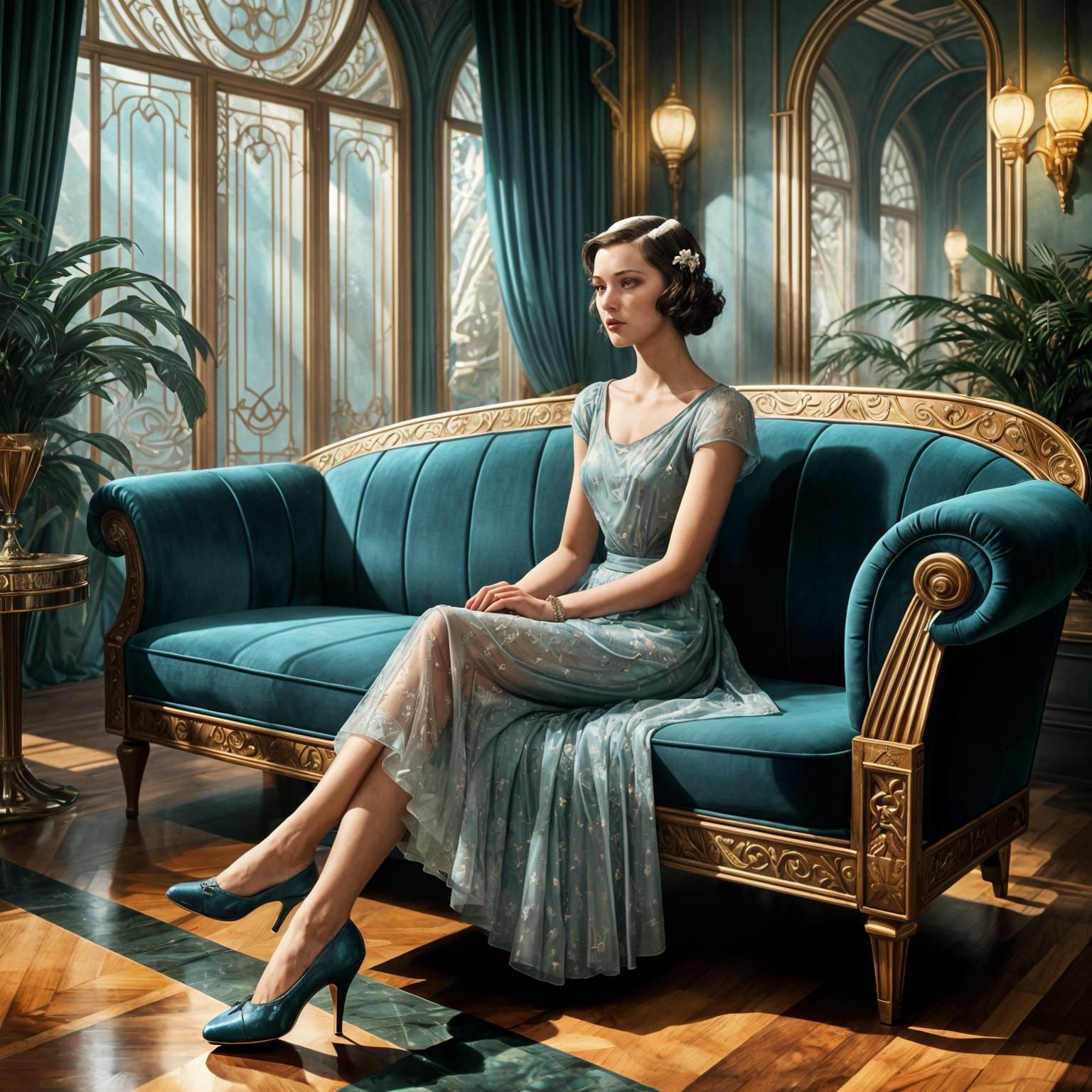 Art Deco Hall with Girl in Dress, Matte Painting