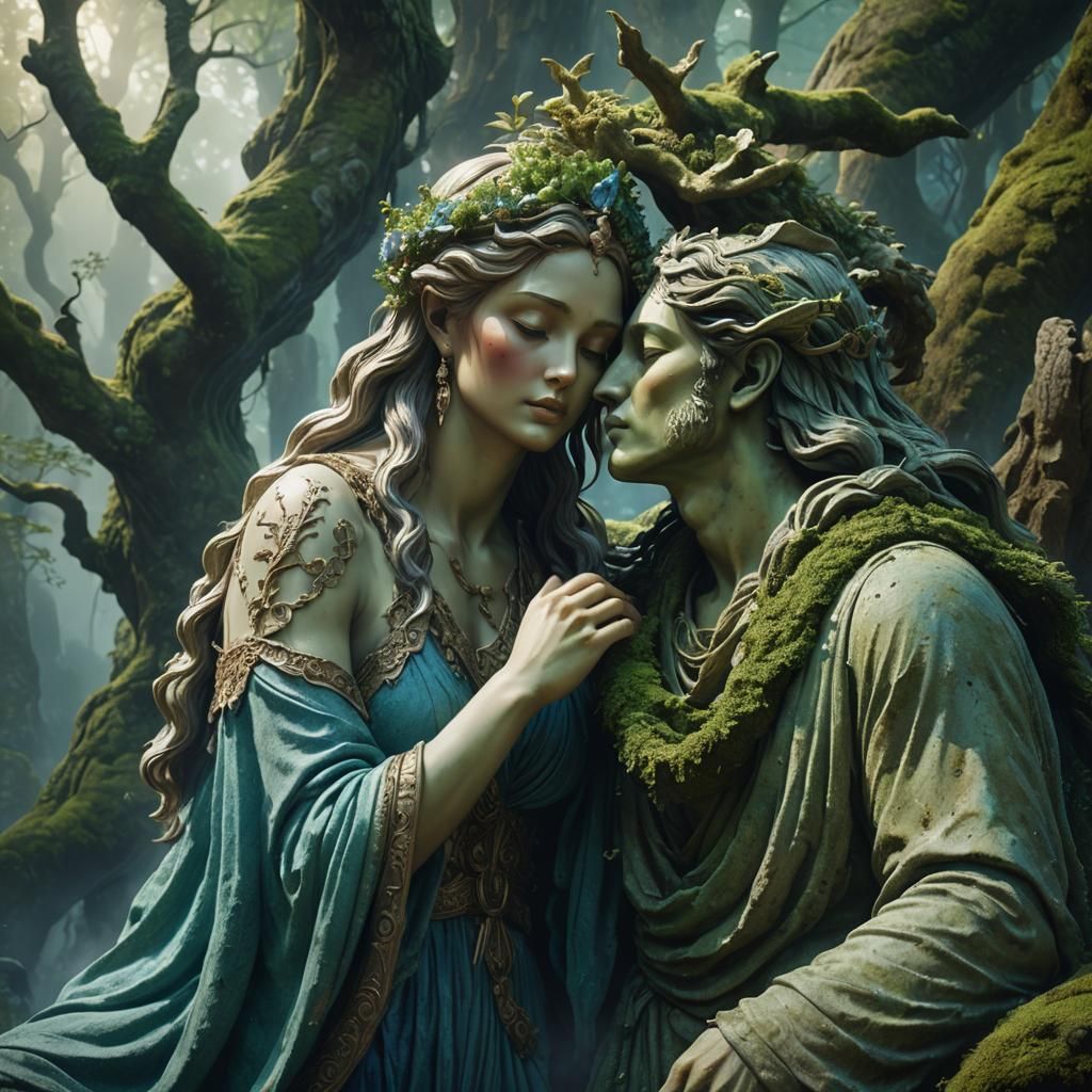 Goddess and Stone Man in Mystical Forest