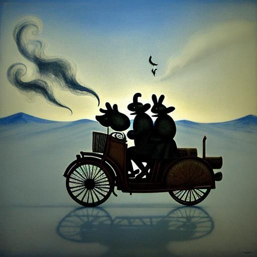 Rabbits Ride South: Expressionist Woodcut Illustration