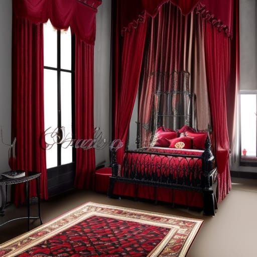 Burgundy red gothic penthouse with black gothic windows& elegant Gothic red curtains& Red Gothic furniture& Black Gothic...