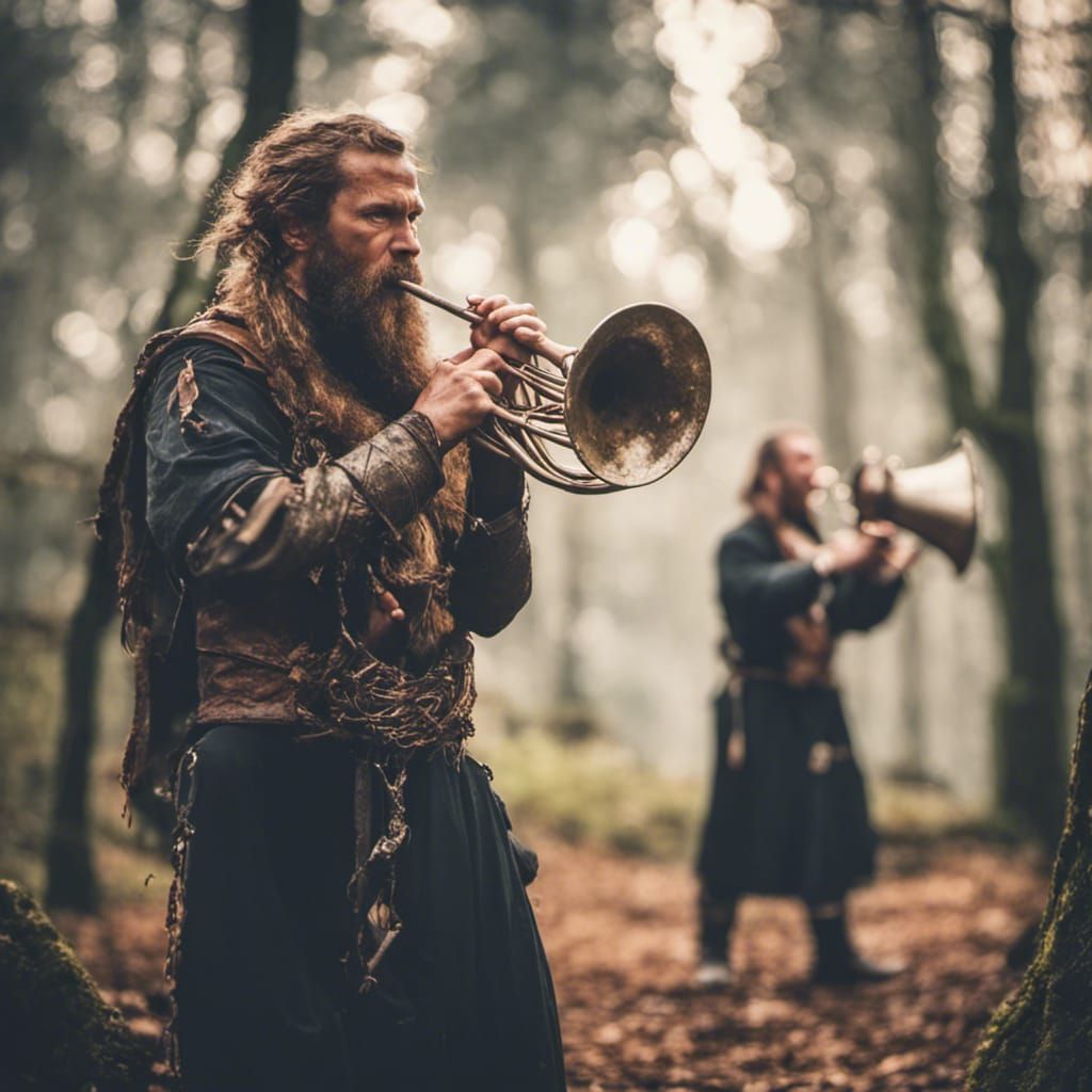 Celtic Warriors Blow Carnyx Horns Before Battle